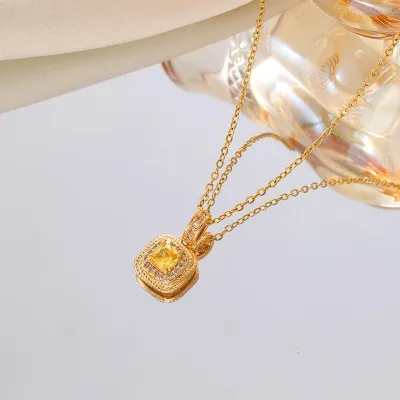 2 Pcs 18k Gold Square Zircon Necklace set